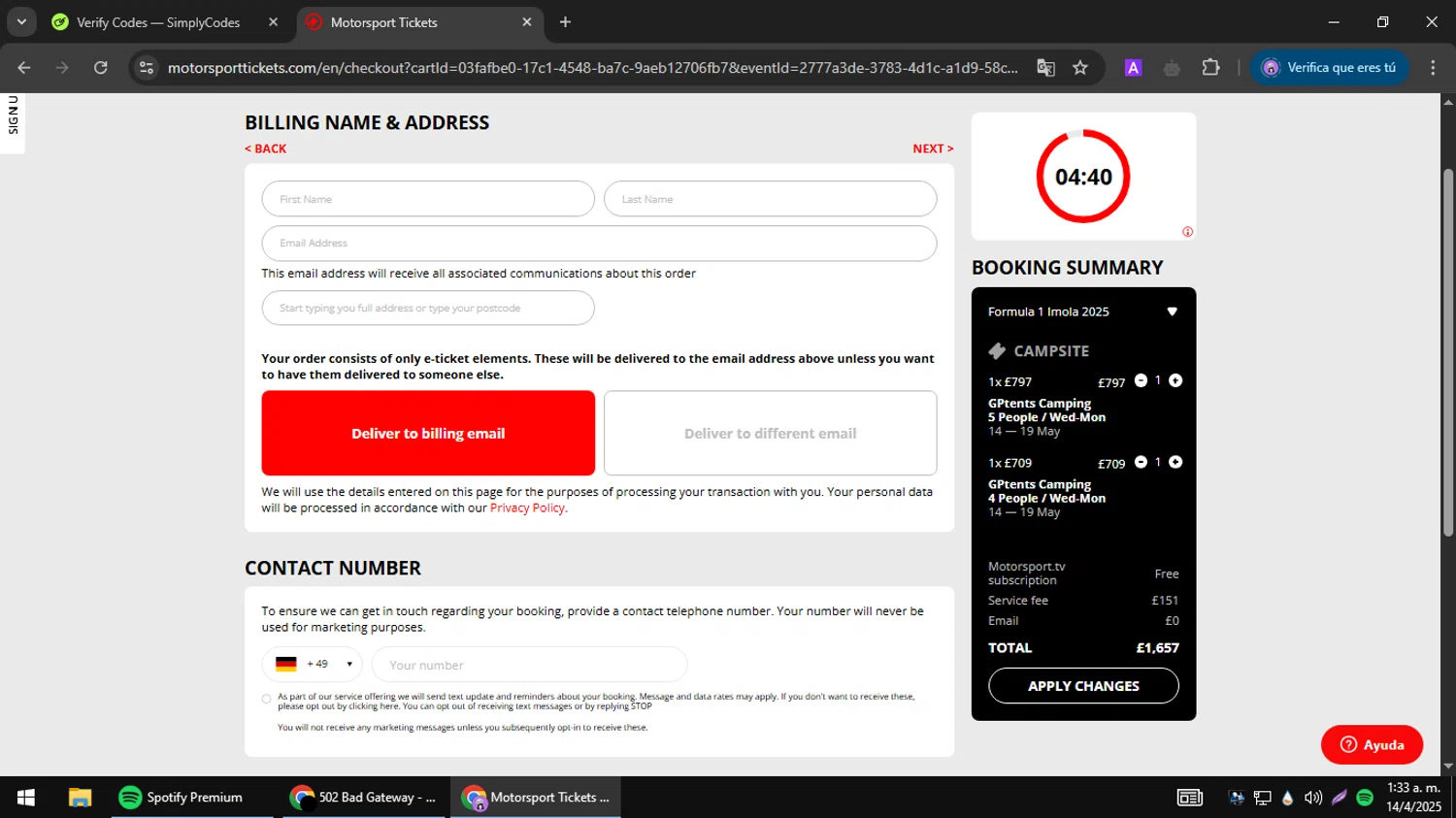Motorsport Tickets promo code screenshot showing code Spain5 applied at Motorsport Tickets checkout page. Uploaded by SimplyCodes community member jesusguqnipatwo on Apr 14, 2025
