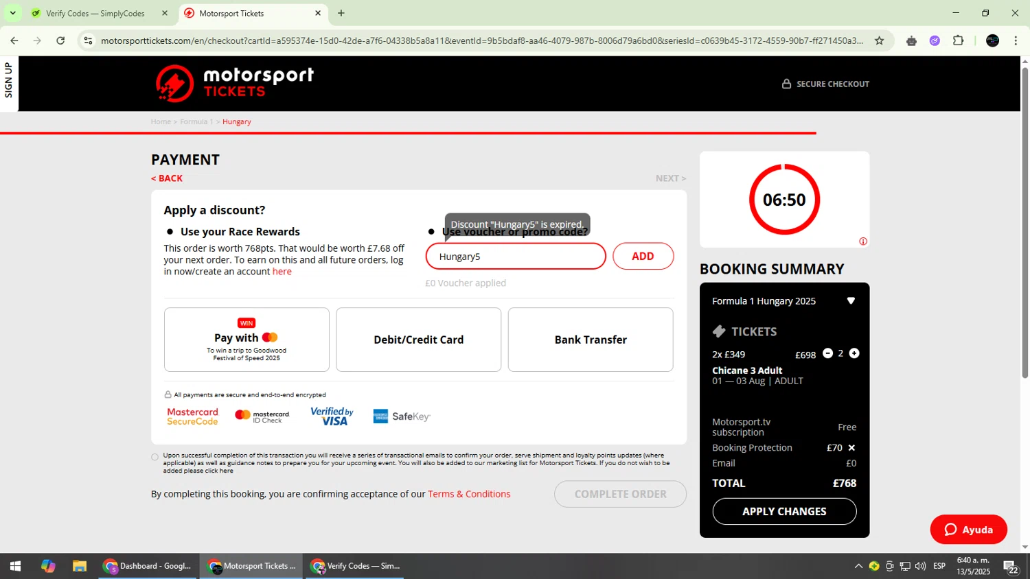 Motorsport Tickets promo code screenshot showing code Hungary5 applied at Motorsport Tickets checkout page. Uploaded by SimplyCodes community member CarmenVGR on May 13, 2025