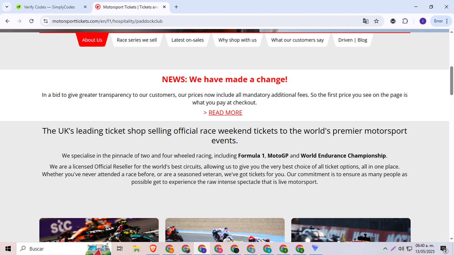 Motorsport Tickets promo code screenshot showing code Hungary5 applied at Motorsport Tickets checkout page. Uploaded by SimplyCodes community member BudgetSentinel4673 on May 13, 2025
