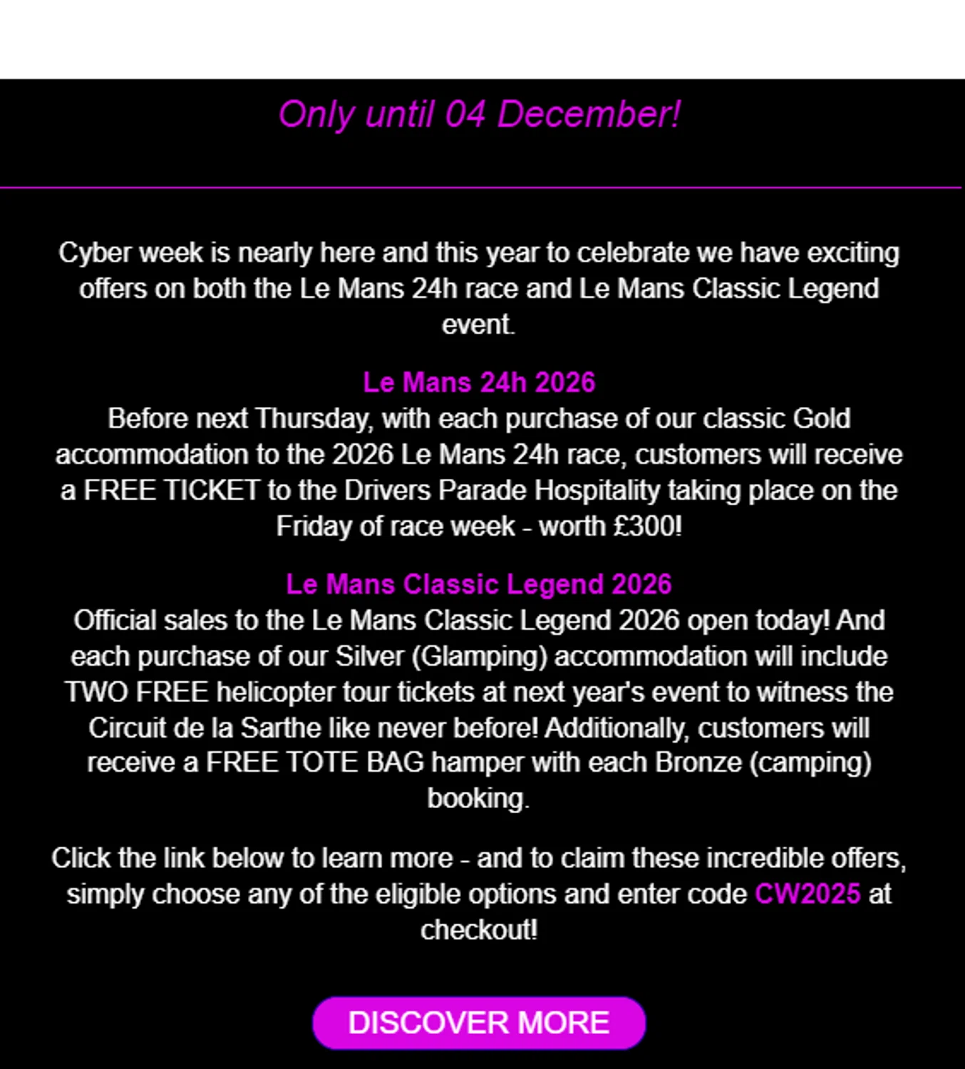 Motorsport Tickets promo code screenshot showing code CW2025 applied at Motorsport Tickets checkout page. Uploaded by SimplyCodes community member valeriaantonieta on Nov 27, 2025