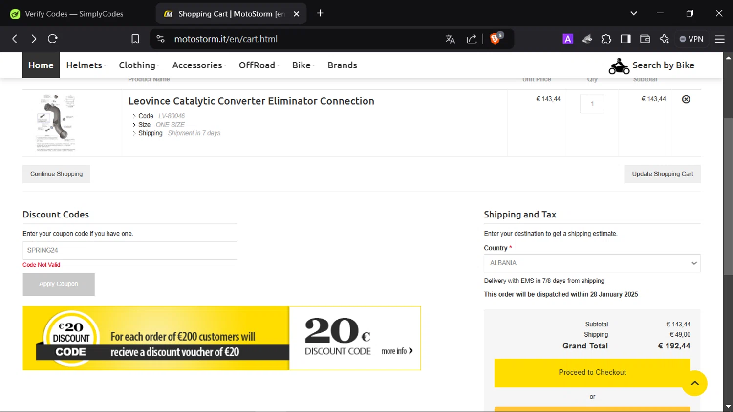 Motostorm discount code screenshot showing code SPRING24 applied at Motostorm checkout page. Uploaded by SimplyCodes community member SmartScholar9589 on Jan 21, 2025