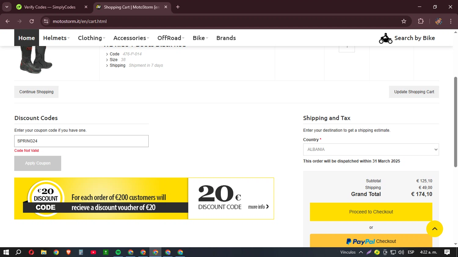 Motostorm discount code screenshot showing code SPRING24 applied at Motostorm checkout page. Uploaded by SimplyCodes community member BudgetHunter9184 on Mar 23, 2025