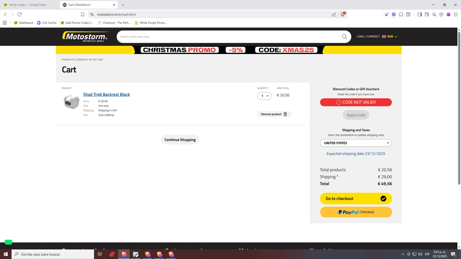 Motostorm discount code screenshot showing code xmas25 applied at Motostorm checkout page. Uploaded by SimplyCodes community member Nezukooo on Dec 22, 2025