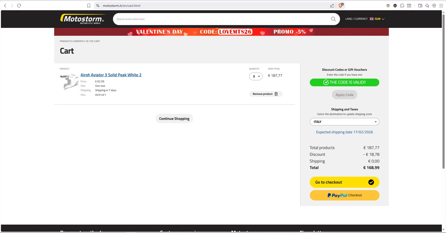 Motostorm checkout page showing Motostorm discount code box | Screenshot taken by SimplyCodes community member on Feb 10, 2026