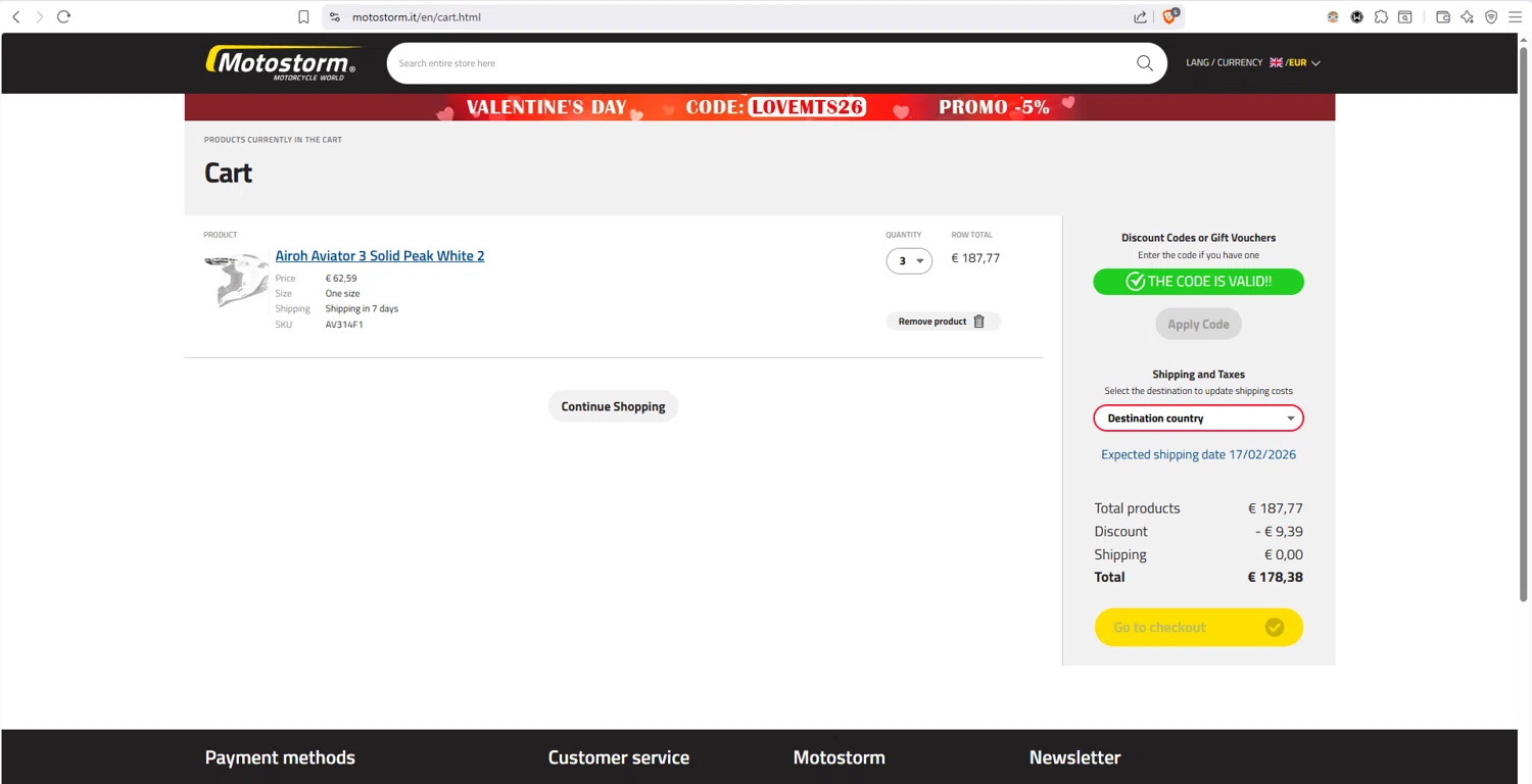 Motostorm checkout page showing Motostorm discount code box | Screenshot taken by SimplyCodes community member on Feb 10, 2026