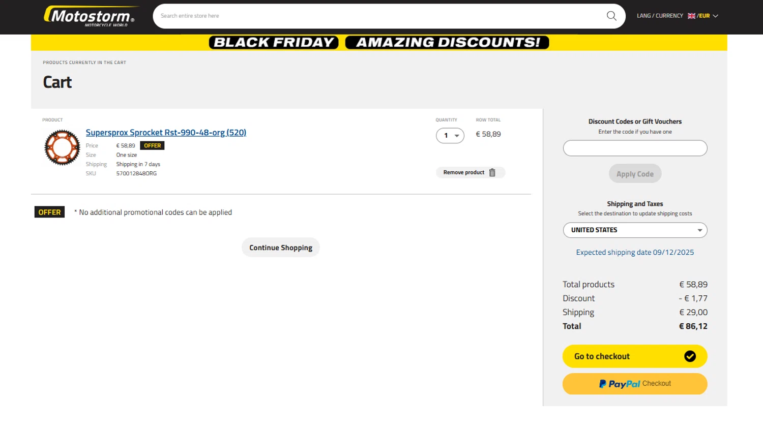 Motostorm discount code screenshot showing code SUPERDISCOUNT2026 applied at Motostorm checkout page. Uploaded by SimplyCodes community member CouponWarden4757 on Nov 29, 2025