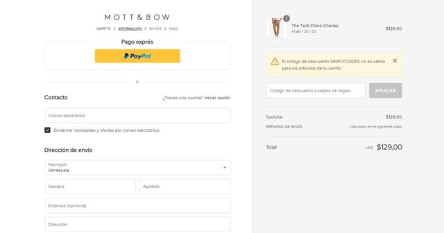 Mott & Bow checkout page showing Mott & Bow promo code box | Screenshot taken by SimplyCodes community member on Mar 2, 2024