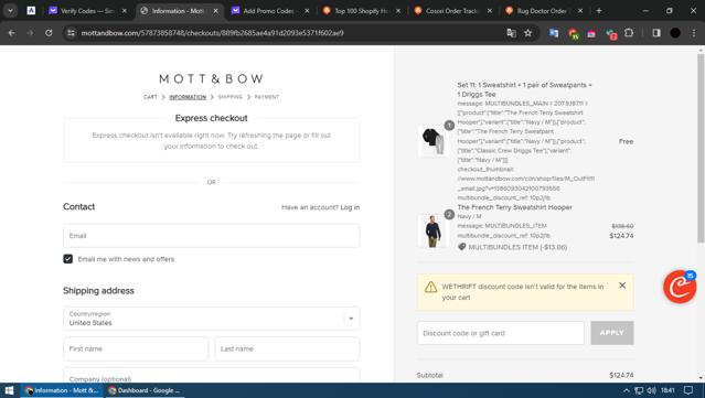 Mott & Bow checkout page showing Mott & Bow promo code box | Screenshot taken by SimplyCodes community member on Feb 25, 2024