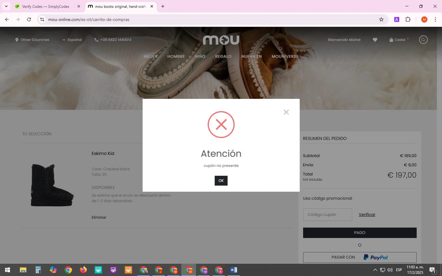 Mou coupon code screenshot showing code moufw19 applied at Mou checkout page. Uploaded by SimplyCodes community member TreasureTracker4321 on Feb 17, 2025