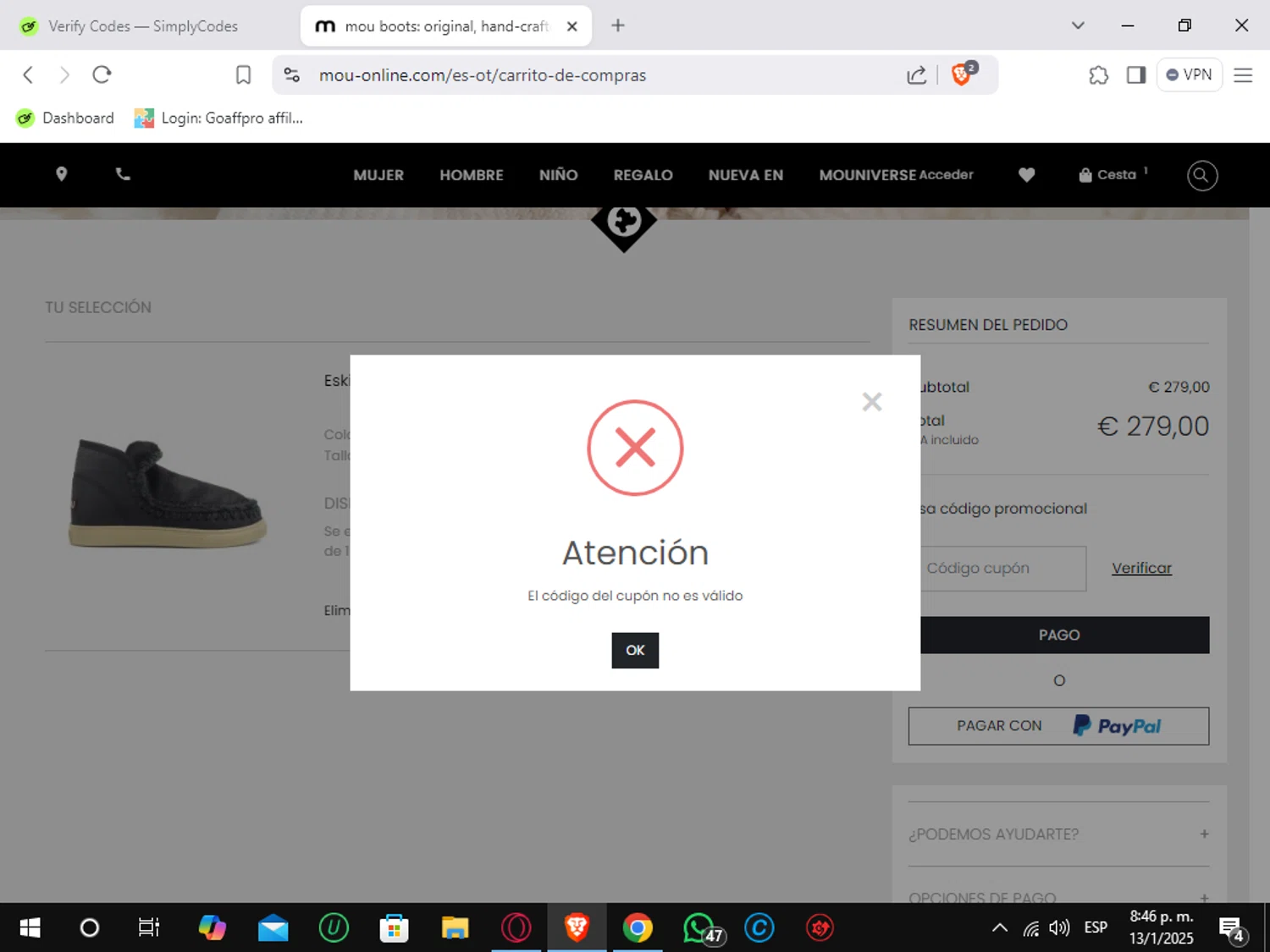 Mou coupon code screenshot showing code MOUCYBER20 applied at Mou checkout page. Uploaded by SimplyCodes community member Sungjinwoo on Jan 14, 2025