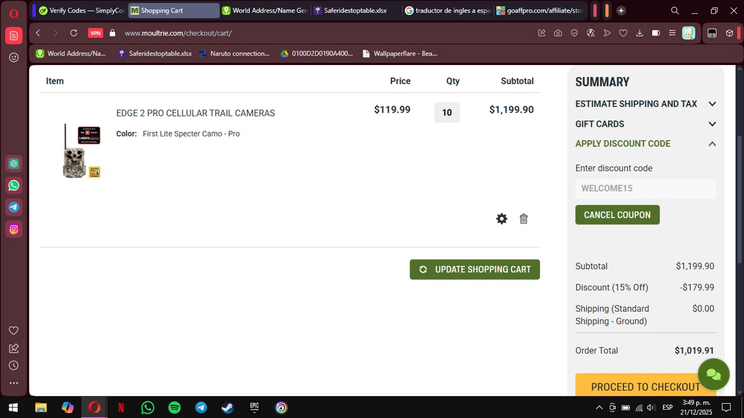 Moultrie Mobile promo code screenshot showing code WELCOME15 applied at Moultrie Mobile checkout page. Uploaded by SimplyCodes community member MimusukyNara on Dec 21, 2025