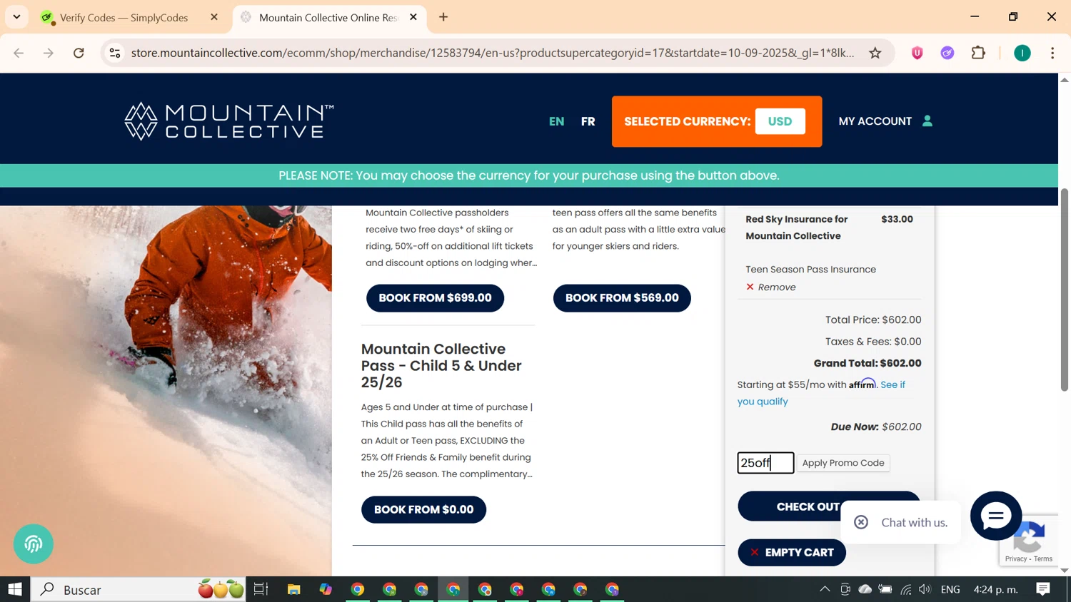 Mountain Collective promo code screenshot showing code 25off applied at Mountain Collective checkout page. Uploaded by SimplyCodes community member ExtraordinaryKnight690 on Oct 19, 2025