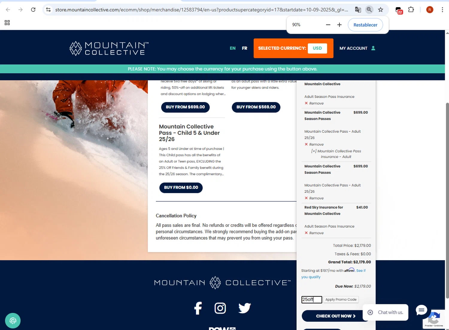 Mountain Collective checkout page showing Mountain Collective promo code box | Screenshot taken by SimplyCodes community member on Oct 15, 2025