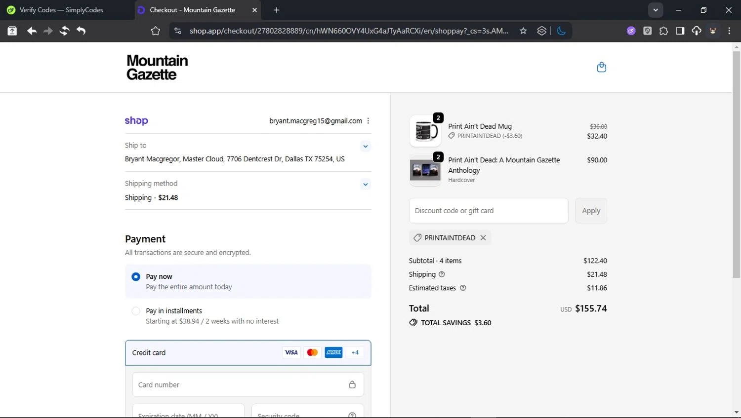 Mountain Gazette discount code screenshot showing code PRINTAINTDEAD applied at Mountain Gazette checkout page. Uploaded by SimplyCodes community member BudgetCollector3125 on Dec 5, 2025