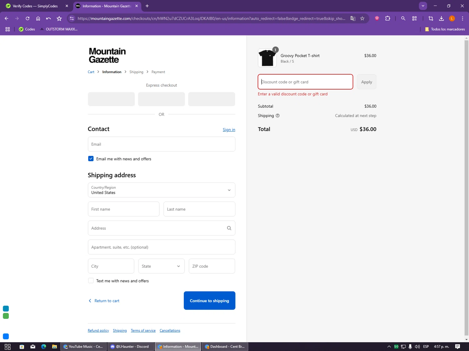 Mountain Gazette discount code screenshot showing code PRINTAINTDEAD applied at Mountain Gazette checkout page. Uploaded by SimplyCodes community member CleverCollector2986 on Sep 12, 2025