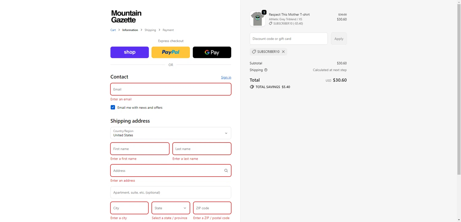 Mountain Gazette checkout page showing Mountain Gazette discount code box | Screenshot taken by SimplyCodes community member on Dec 11, 2025