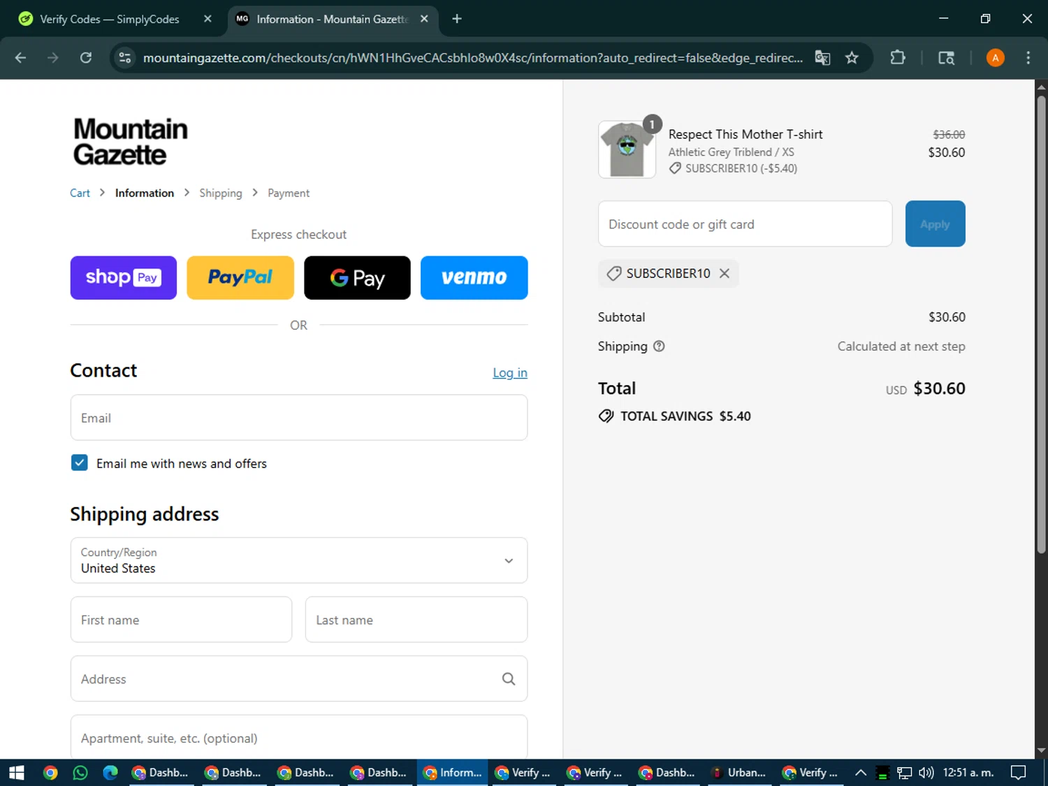 Mountain Gazette discount code screenshot showing code Subscriber10 applied at Mountain Gazette checkout page. Uploaded by SimplyCodes community member MoneyPhoenix4664 on Aug 1, 2025