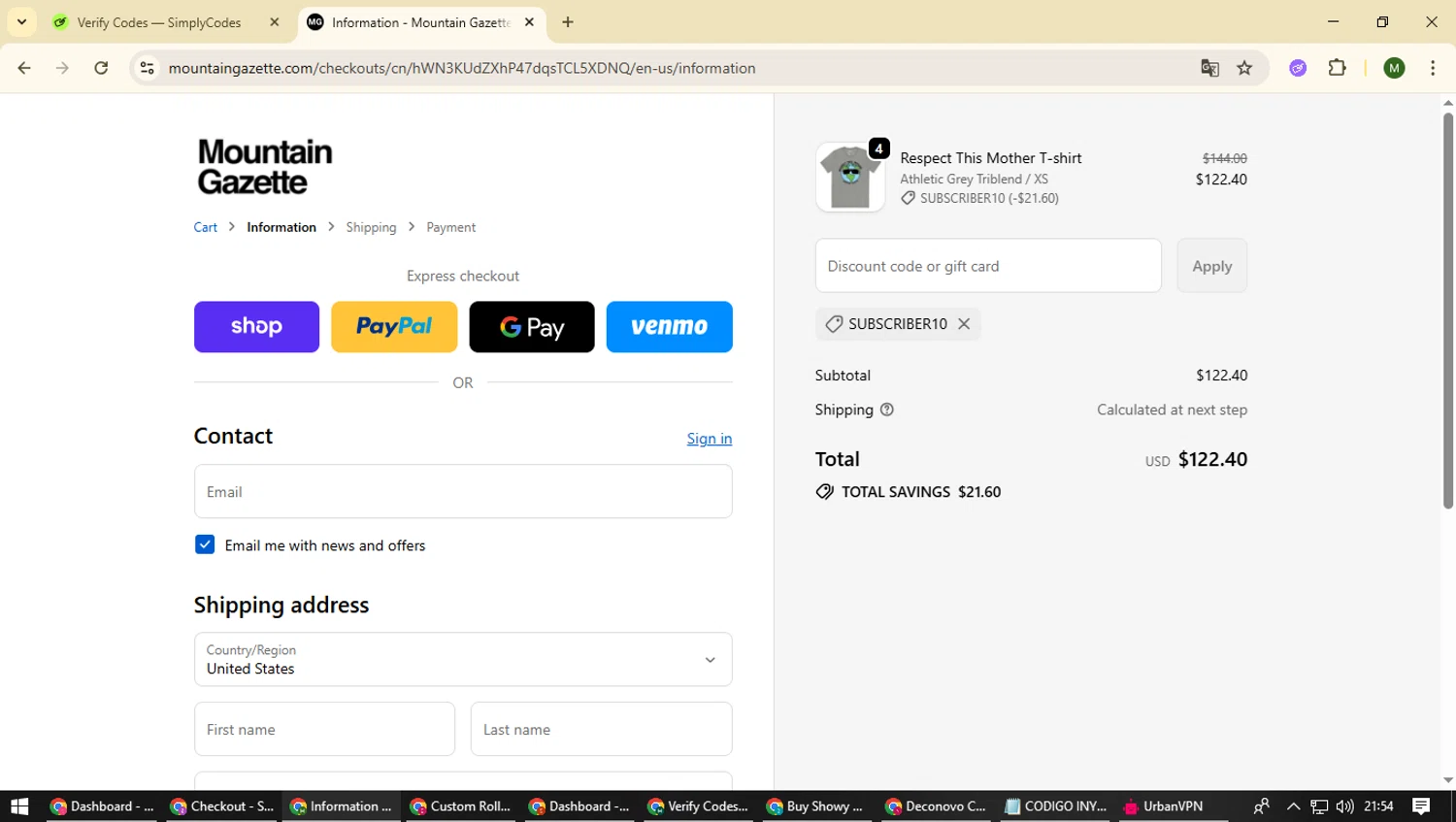 Mountain Gazette discount code screenshot showing code Subscriber10 applied at Mountain Gazette checkout page. Uploaded by SimplyCodes community member loversuper on Sep 24, 2025