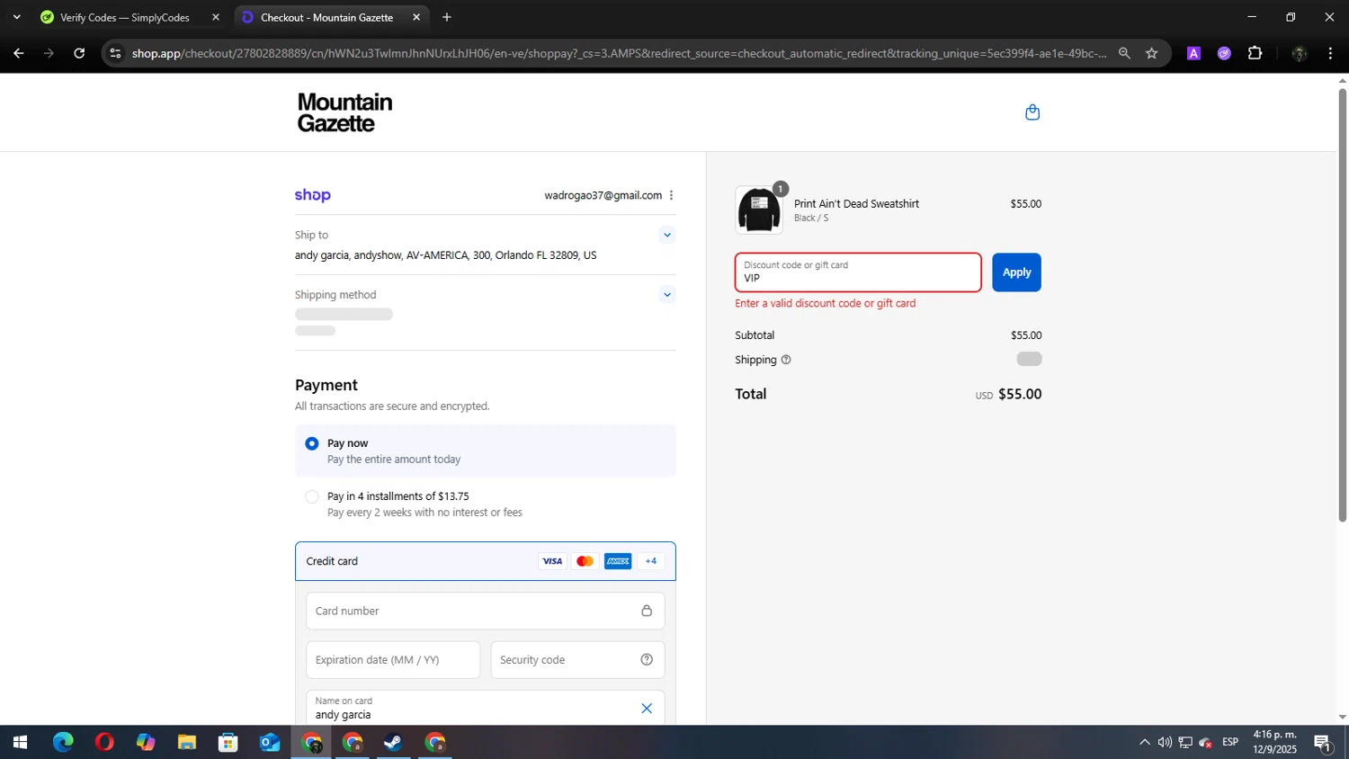 Mountain Gazette discount code screenshot showing code VIP applied at Mountain Gazette checkout page. Uploaded by SimplyCodes community member Andy2323 on Sep 12, 2025