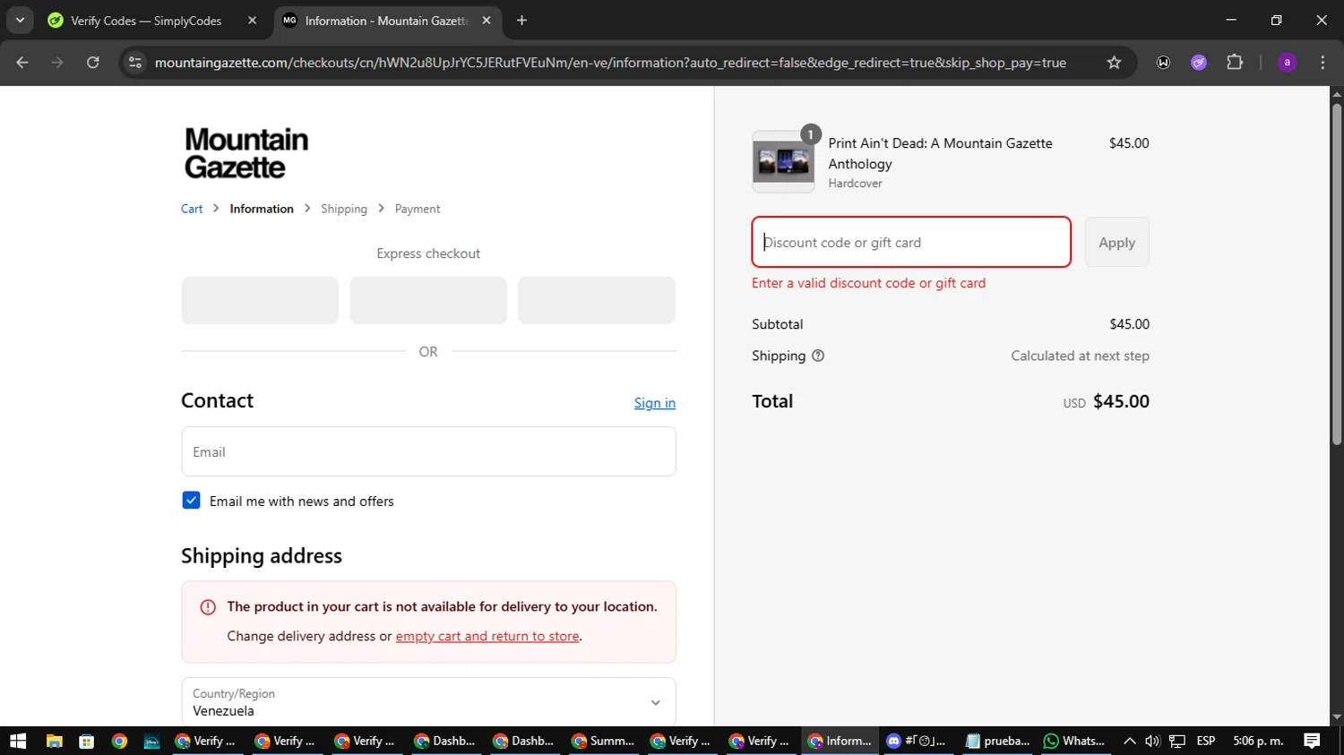 Mountain Gazette discount code screenshot showing code VIP applied at Mountain Gazette checkout page. Uploaded by SimplyCodes community member CoinElite8997 on Sep 12, 2025