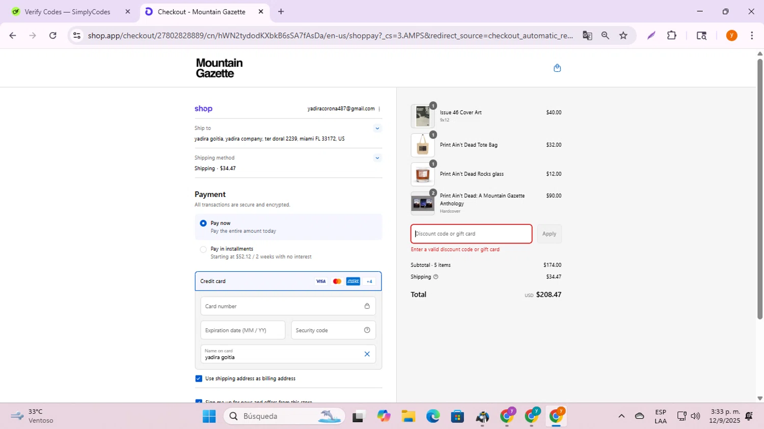 Mountain Gazette discount code screenshot showing code VIP applied at Mountain Gazette checkout page. Uploaded by SimplyCodes community member ycg487 on Sep 12, 2025