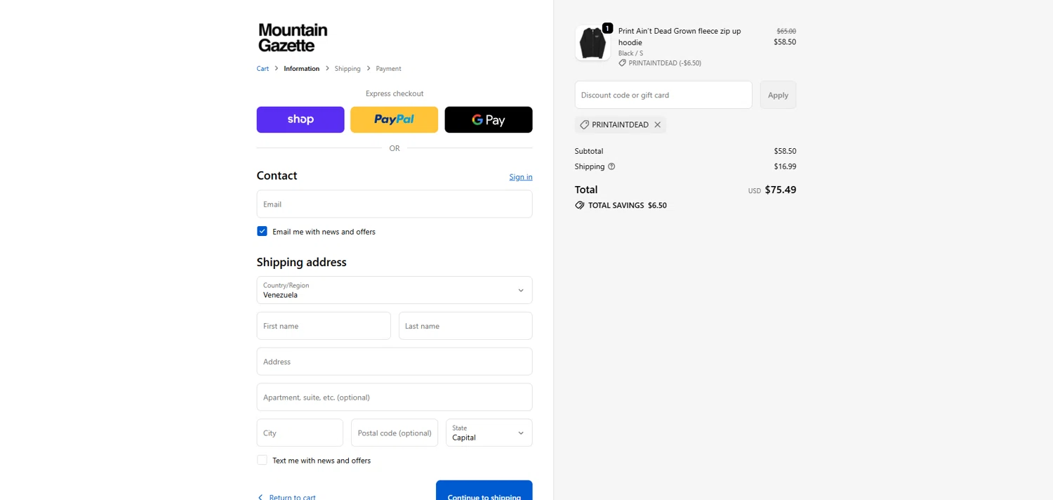 Mountain Gazette discount code screenshot showing code PRINTAINTDEAD applied at Mountain Gazette checkout page. Uploaded by SimplyCodes community member ivantorres on Oct 11, 2025