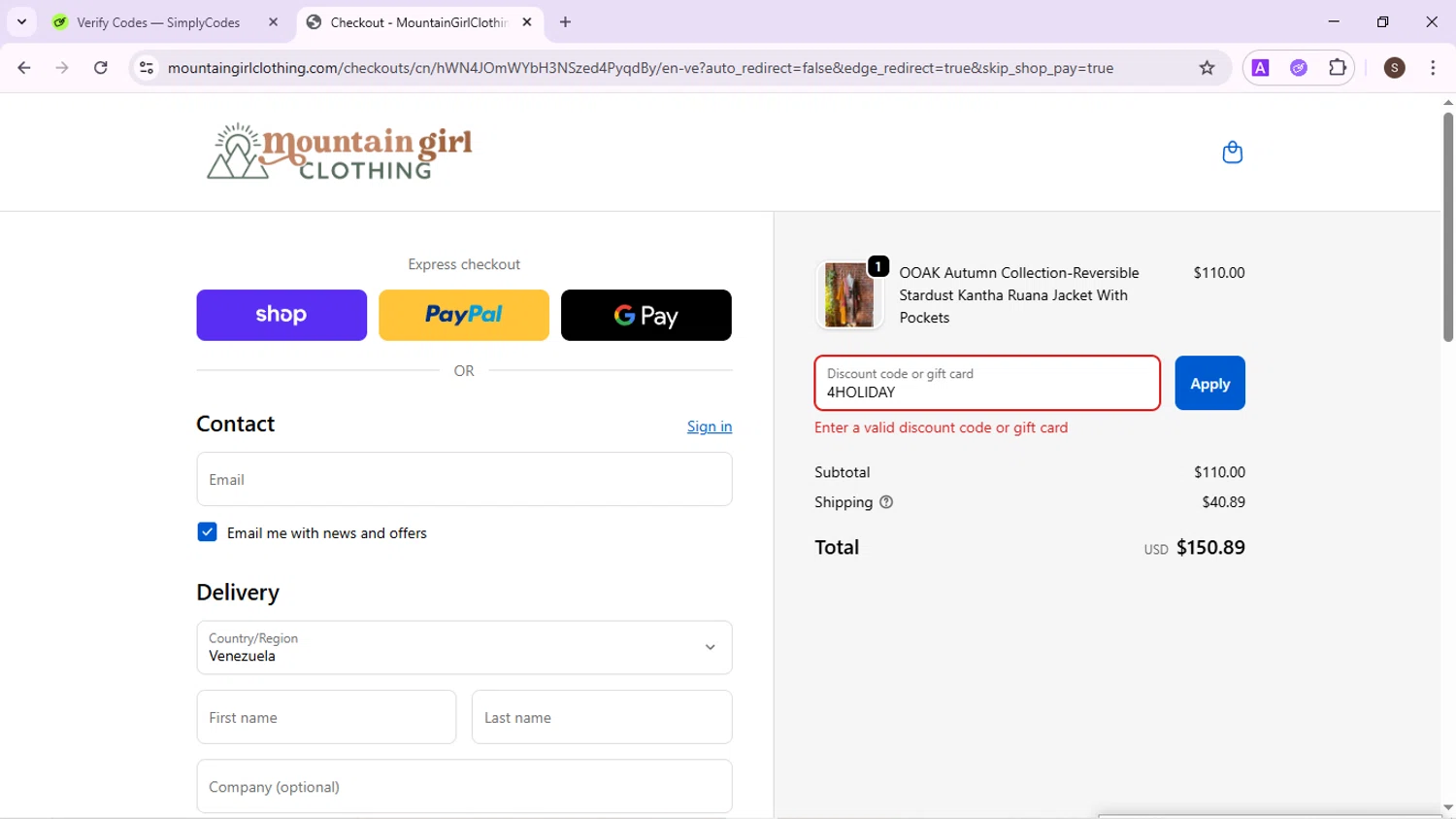 Mountain Girl Clothing discount code screenshot showing code 4HOLIDAY applied at Mountain Girl Clothing checkout page. Uploaded by SimplyCodes community member QuestPhoenix2794 on Oct 19, 2025