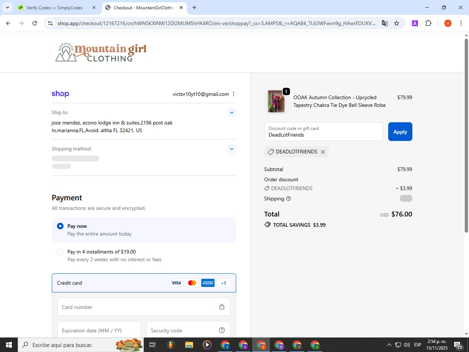 Mountain Girl Clothing discount code screenshot showing code DeadLotFriends applied at Mountain Girl Clothing checkout page. Uploaded by SimplyCodes community member partenalgas on Nov 15, 2025