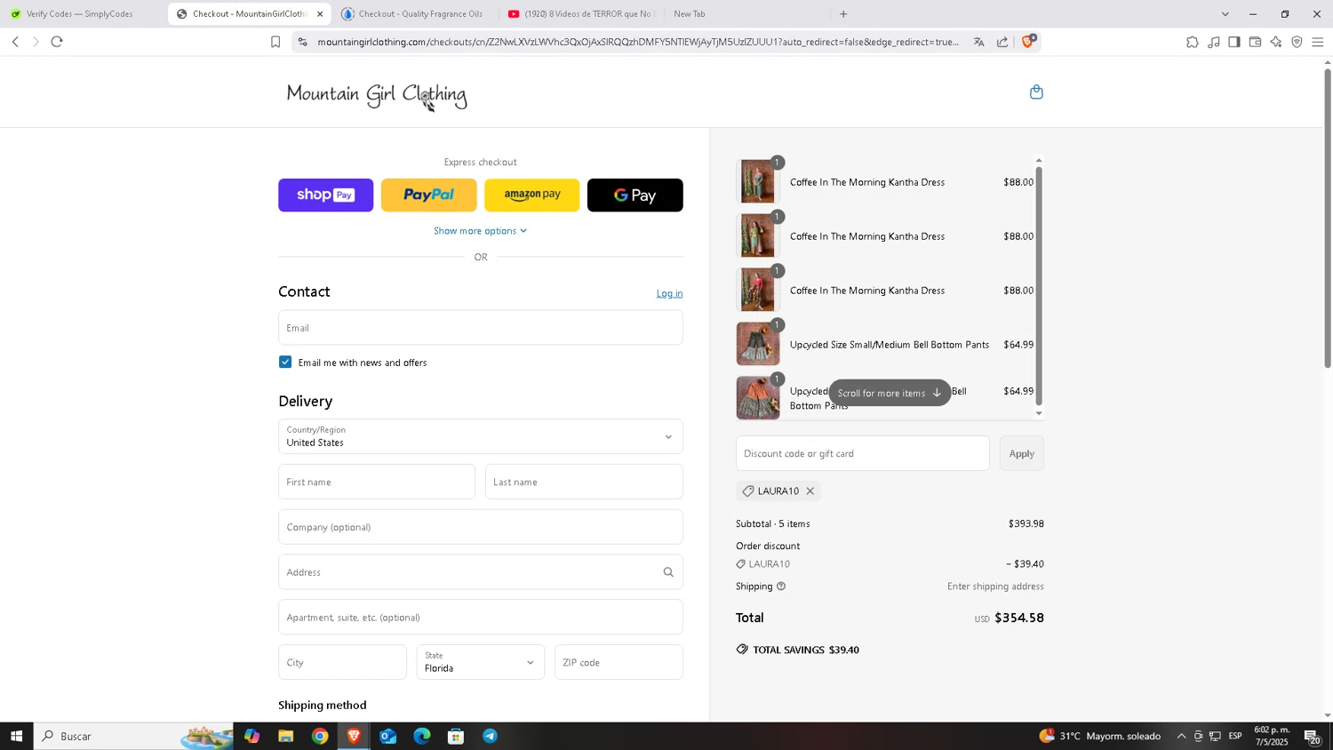 Mountain Girl Clothing discount code screenshot showing code LAURA10 applied at Mountain Girl Clothing checkout page. Uploaded by SimplyCodes community member Carloscoder_900457733 on May 7, 2025