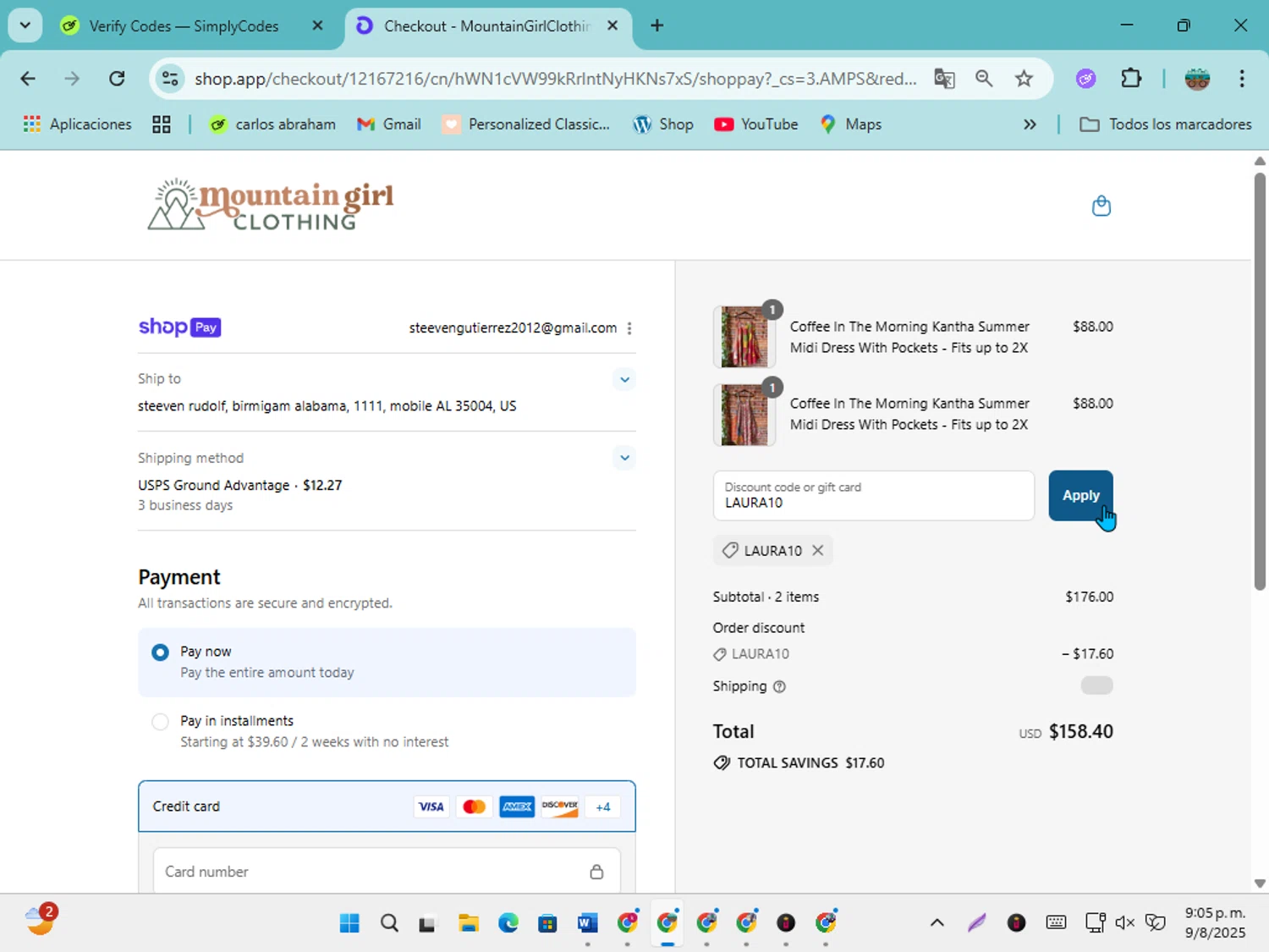 Mountain Girl Clothing discount code screenshot showing code LAURA10 applied at Mountain Girl Clothing checkout page. Uploaded by SimplyCodes community member karolg on Aug 10, 2025
