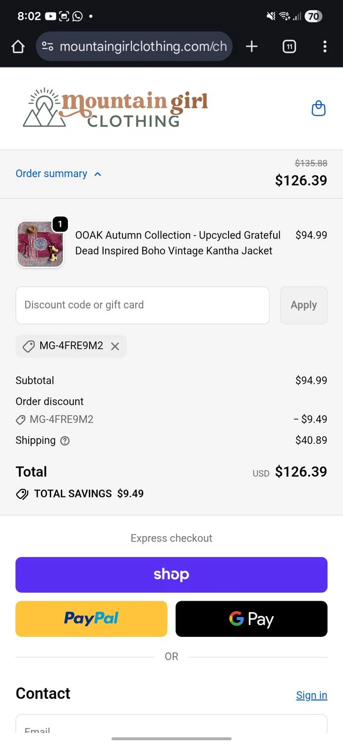 Mountain Girl Clothing discount code screenshot showing code MG-4fre9m2 applied at Mountain Girl Clothing checkout page. Uploaded by SimplyCodes community member KataldoMustafack on Oct 21, 2025