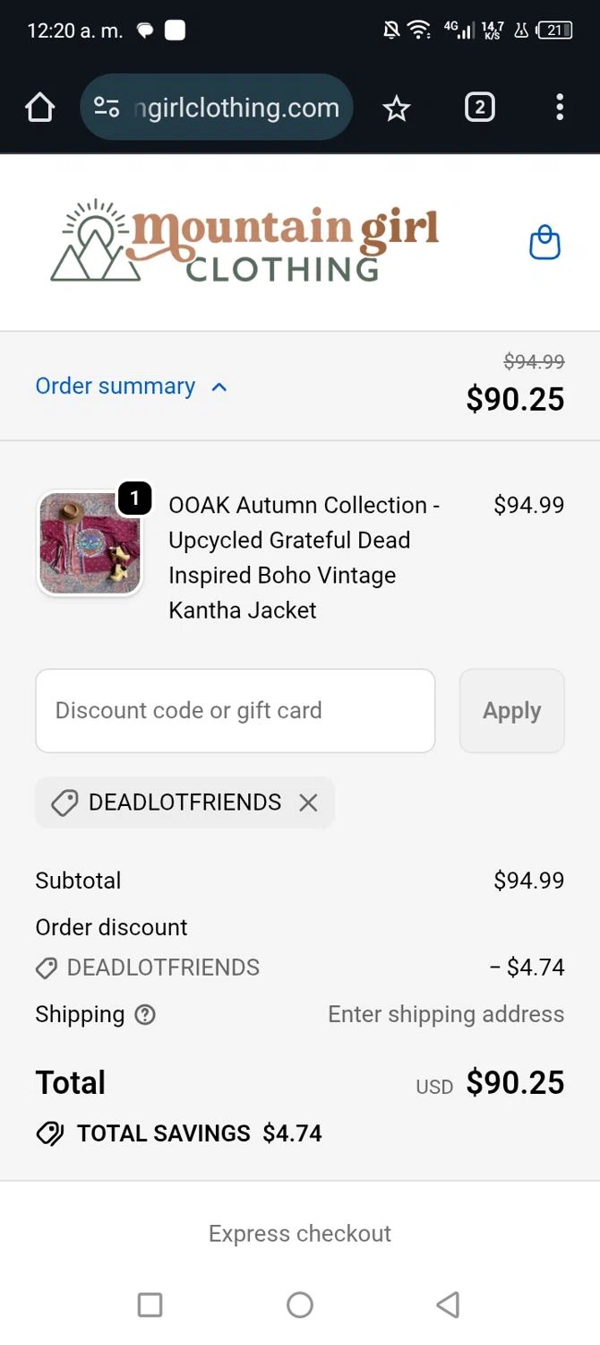 Mountain Girl Clothing discount code screenshot showing code Deadlotfriends applied at Mountain Girl Clothing checkout page. Uploaded by SimplyCodes community member Junniorduno on Oct 21, 2025