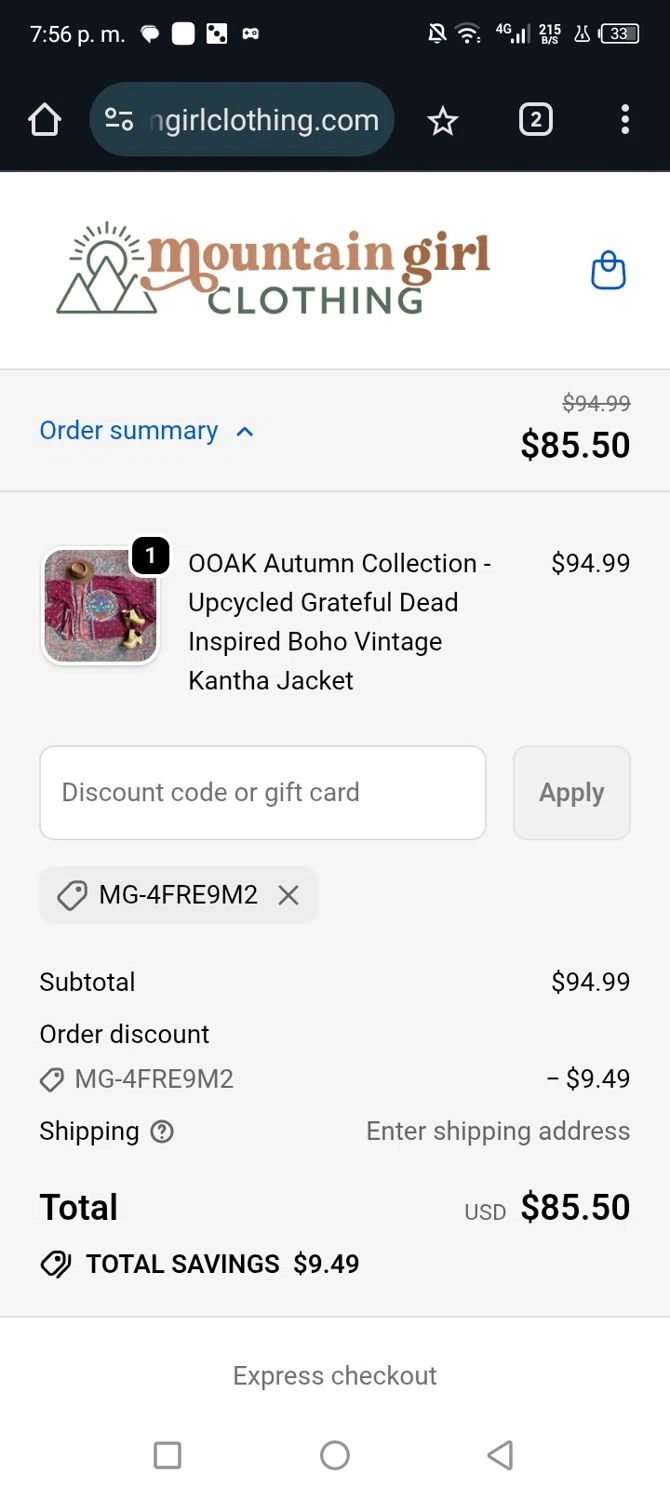 Mountain Girl Clothing discount code screenshot showing code MG-4fre9m2 applied at Mountain Girl Clothing checkout page. Uploaded by SimplyCodes community member Junniorduno on Oct 20, 2025