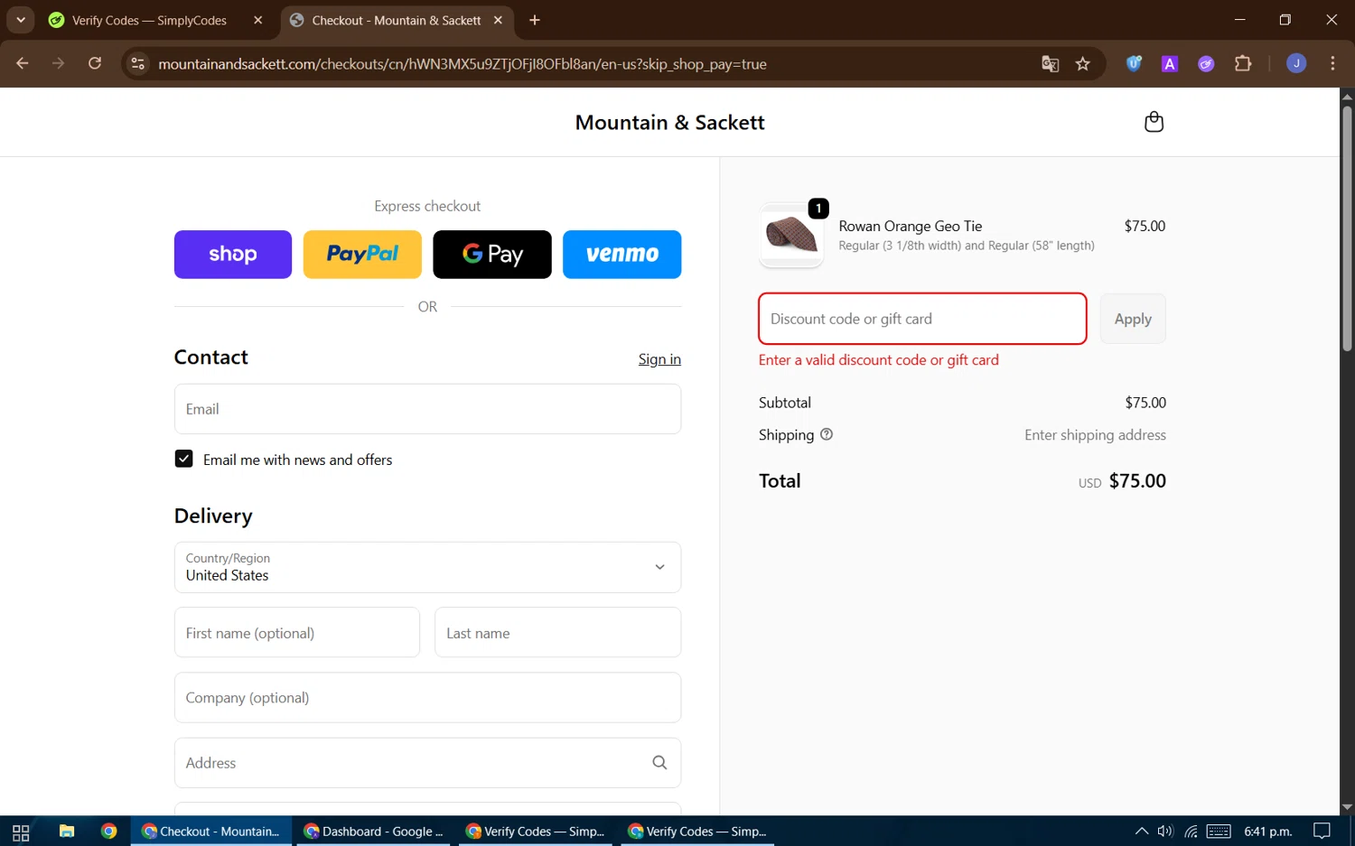 Mountain & Sackett promo code screenshot showing code SHOP10 applied at Mountain & Sackett checkout page. Uploaded by SimplyCodes community member DealFinder1711 on Sep 24, 2025
