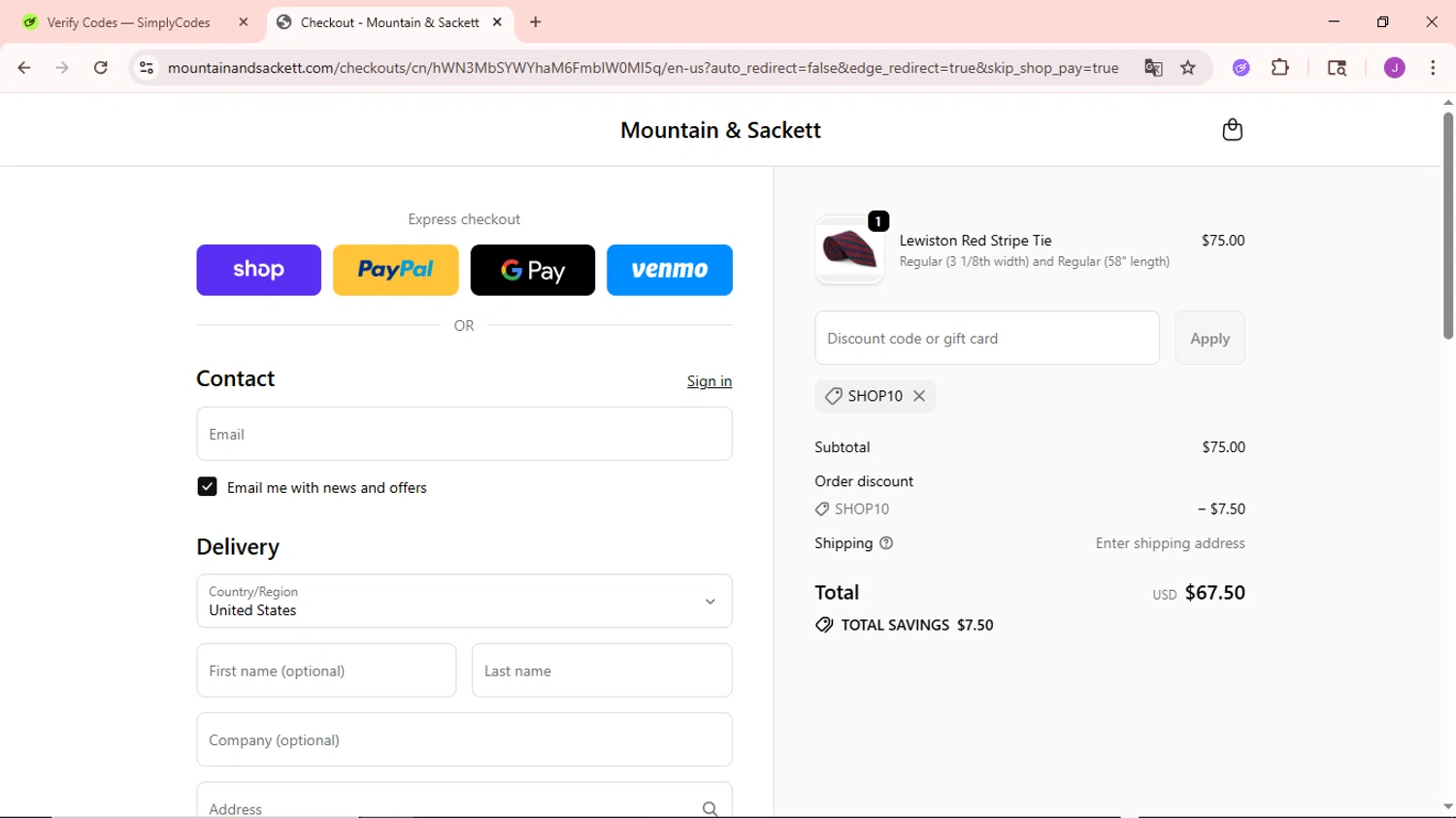 Mountain & Sackett promo code screenshot showing code SHOP10 applied at Mountain & Sackett checkout page. Uploaded by SimplyCodes community member NobleSaver3560 on Sep 24, 2025