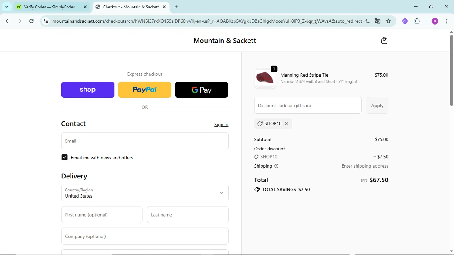 Mountain & Sackett promo code screenshot showing code SHOP10 applied at Mountain & Sackett checkout page. Uploaded by SimplyCodes community member PennyBoss9589 on Dec 23, 2025