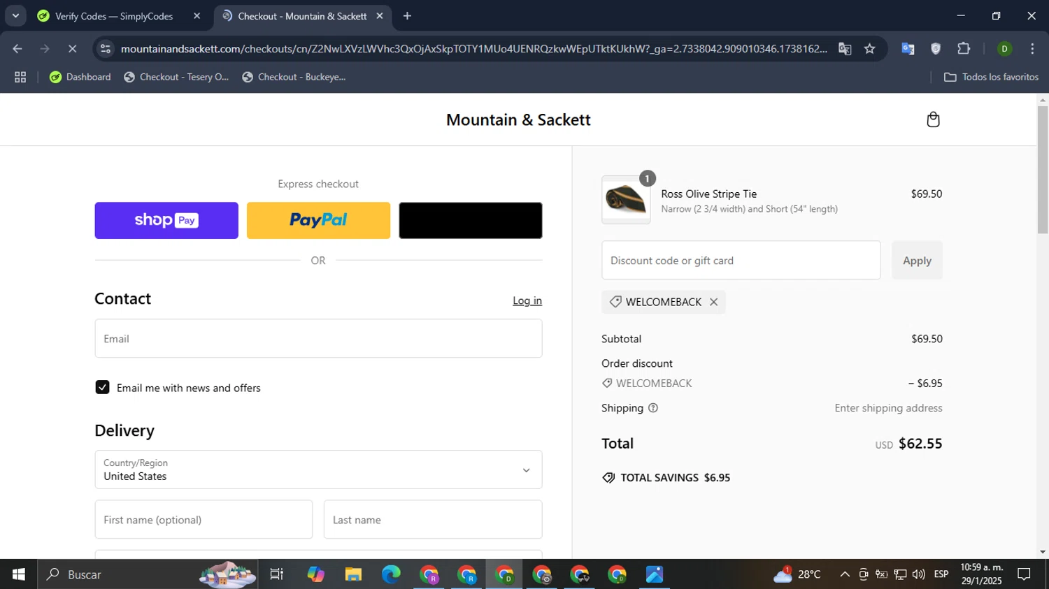 Mountain & Sackett promo code screenshot showing code WELCOMEBACK applied at Mountain & Sackett checkout page. Uploaded by SimplyCodes community member BadMyke on Jan 29, 2025