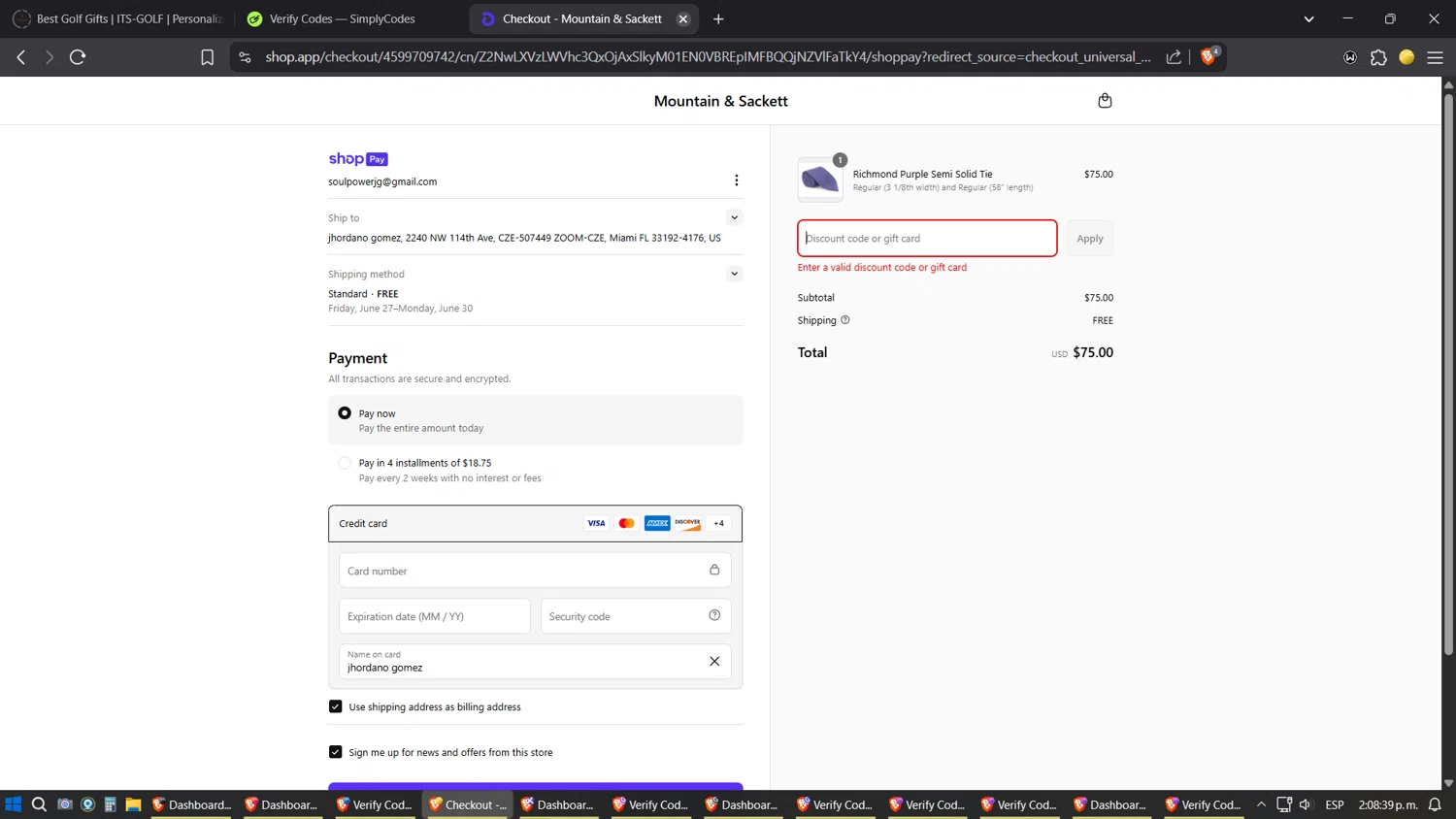 Mountain & Sackett promo code screenshot showing code Dad25 applied at Mountain & Sackett checkout page. Uploaded by SimplyCodes community member ZoilaPerrita on Jun 18, 2025