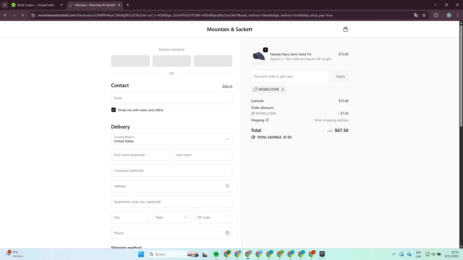 Mountain & Sackett promo code screenshot showing code mswelcome applied at Mountain & Sackett checkout page. Uploaded by SimplyCodes community member MagnificentLynx1486 on Nov 9, 2025