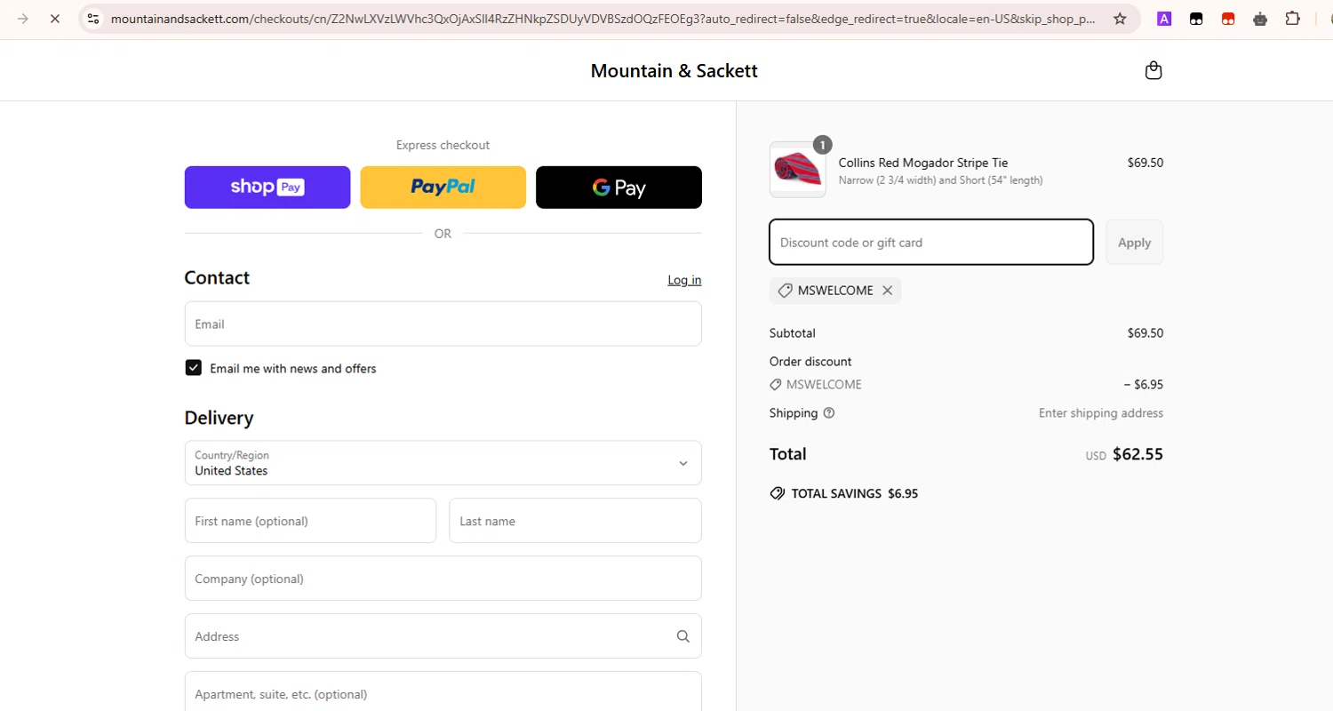 Mountain & Sackett promo code screenshot showing code mswelcome applied at Mountain & Sackett checkout page. Uploaded by SimplyCodes community member Samugl21 on Apr 7, 2025