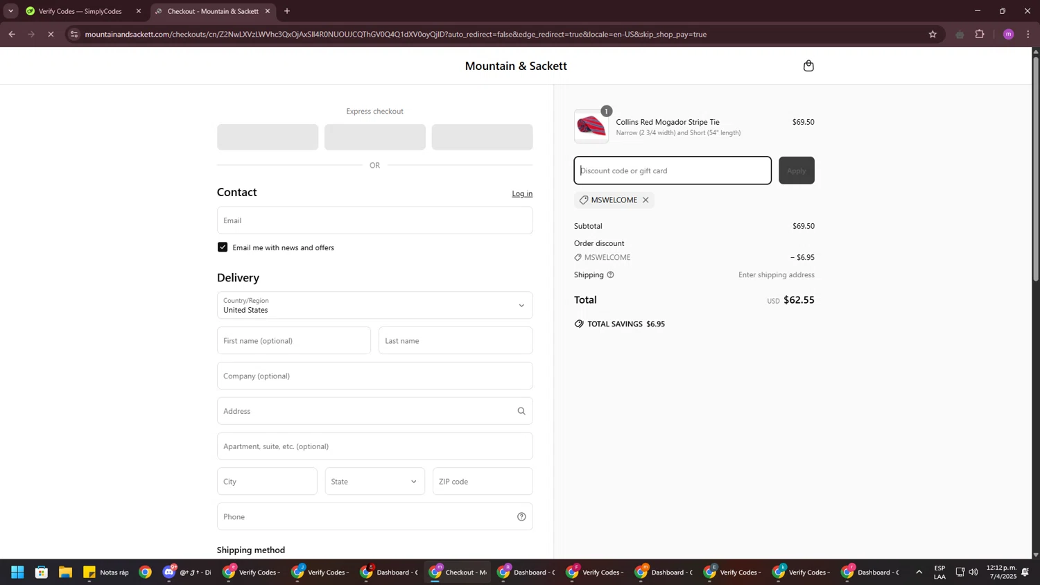 Mountain & Sackett promo code screenshot showing code mswelcome applied at Mountain & Sackett checkout page. Uploaded by SimplyCodes community member PennyWizard1195 on Apr 7, 2025