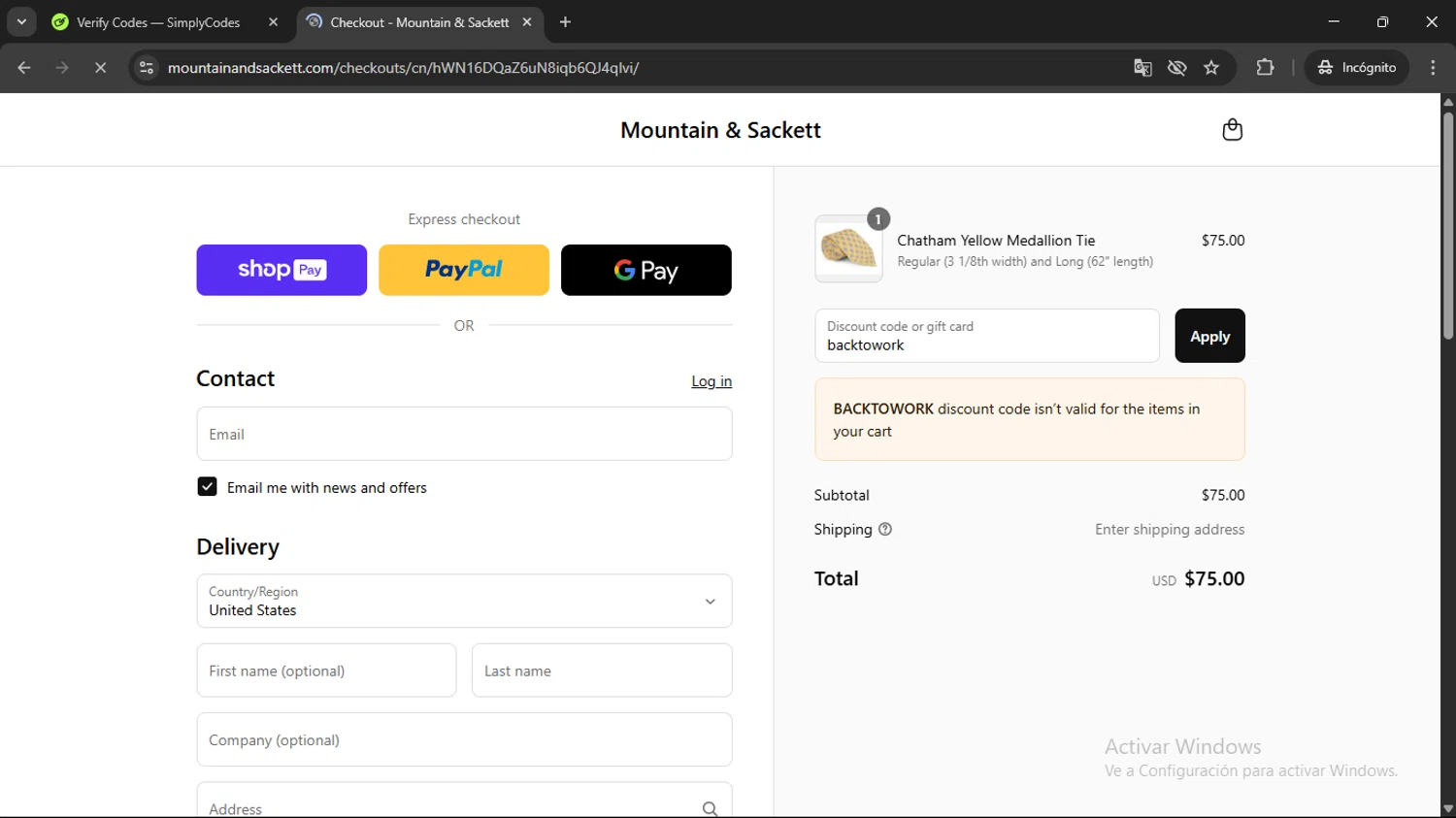 Mountain & Sackett promo code screenshot showing code backtowork applied at Mountain & Sackett checkout page. Uploaded by SimplyCodes community member CBR600 on Jul 27, 2025