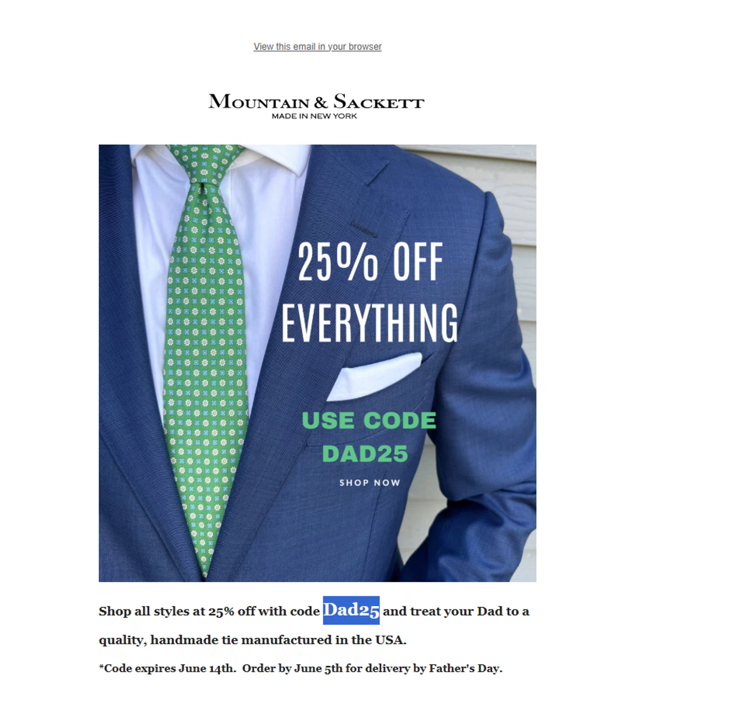 Mountain & Sackett promo code screenshot showing code Dad25 applied at Mountain & Sackett checkout page. Uploaded by SimplyCodes community member emirablondell on May 30, 2025
