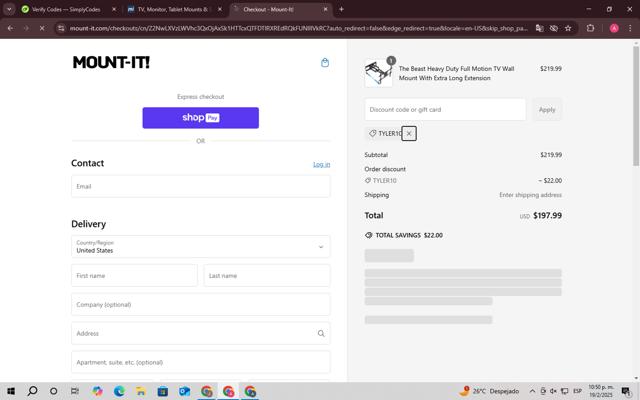 Mount-It! checkout page showing Mount-It! promo code box | Screenshot taken by SimplyCodes community member on Feb 20, 2025