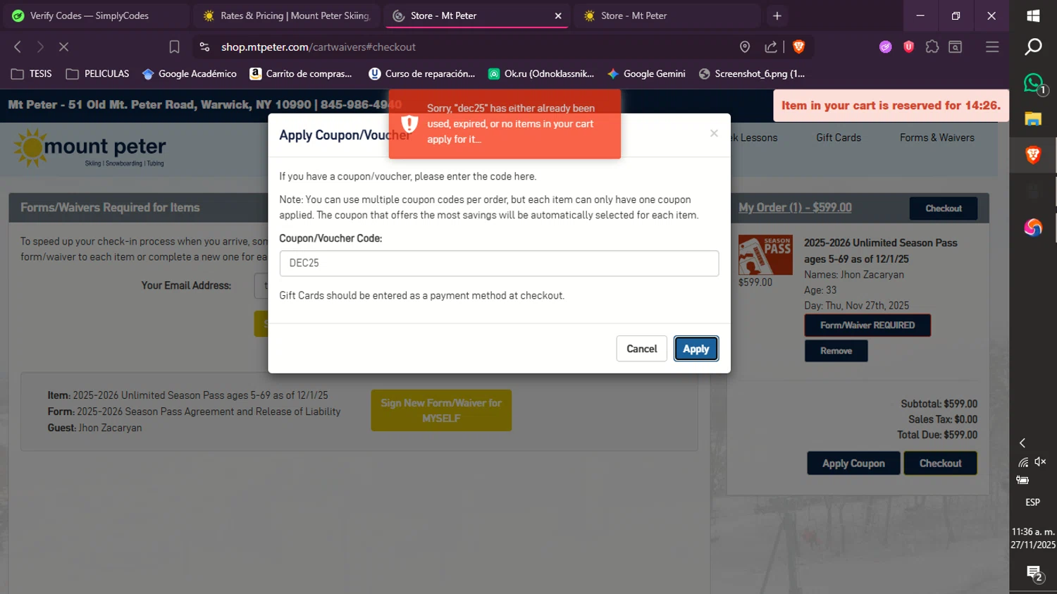 Mount Peter coupon code screenshot showing code DEC25 applied at Mount Peter checkout page. Uploaded by SimplyCodes community member xXdevoragoticas69Xx on Nov 27, 2025