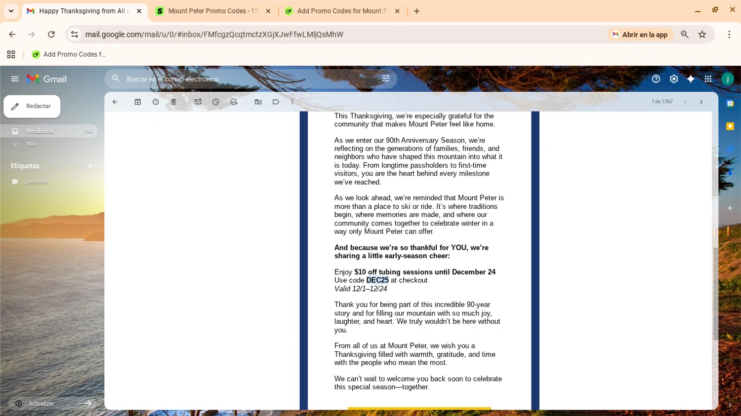 Mount Peter coupon code screenshot showing code DEC25 applied at Mount Peter checkout page. Uploaded by SimplyCodes community member yennifergonzalez on Nov 27, 2025