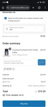 GET20 coupon verification screenshot