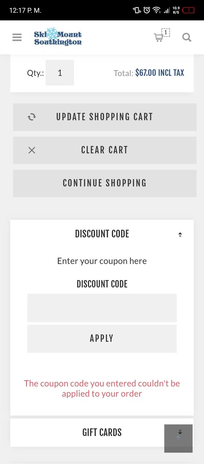 Mount Southington Ski Area promo code screenshot showing code SAVE50 applied at Mount Southington Ski Area checkout page. Uploaded by SimplyCodes community member RoyalSleuth5202 on Feb 27, 2025