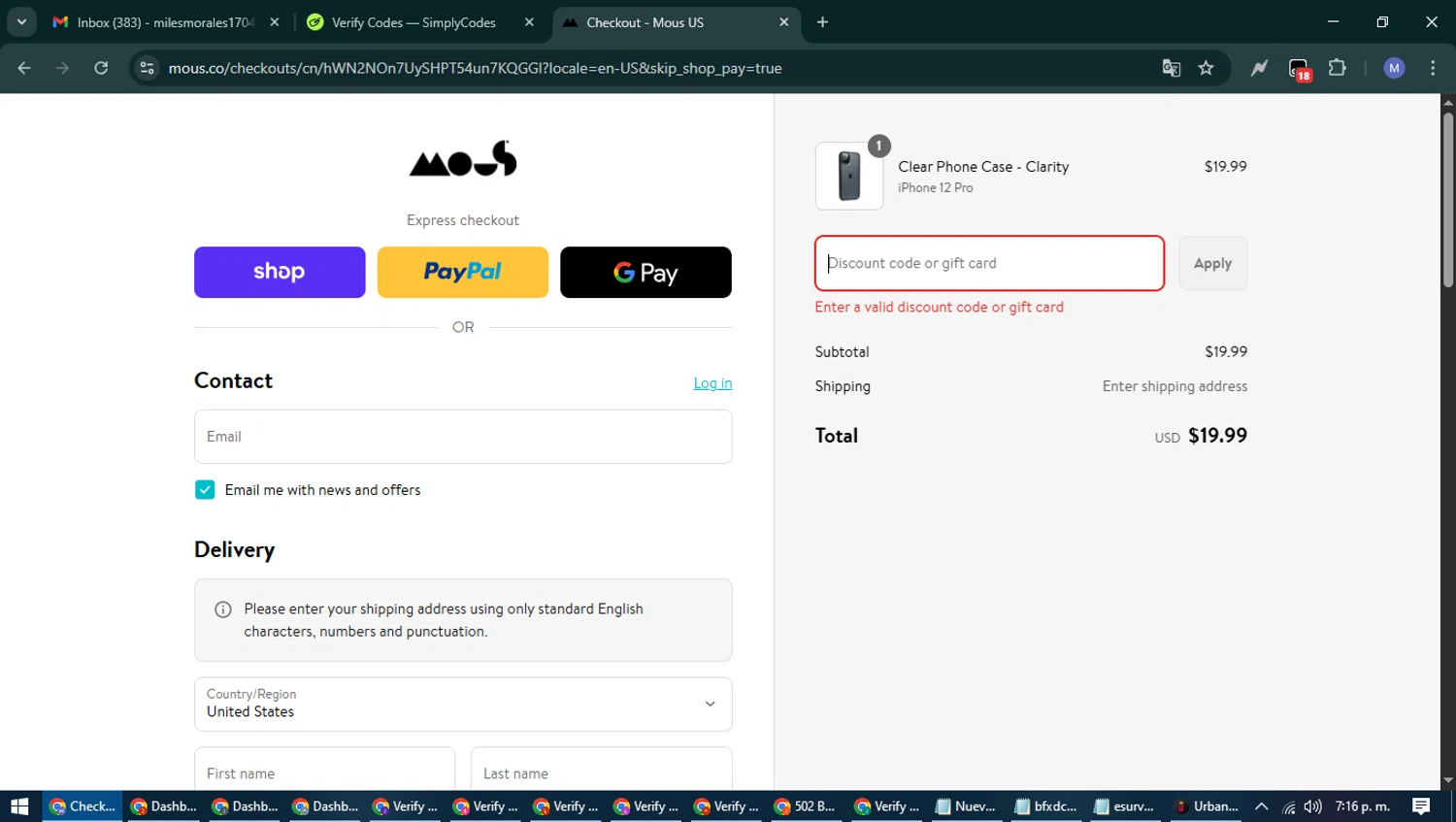 Mous promo code screenshot showing code TECHNICALLYTEE15LOK applied at Mous checkout page. Uploaded by SimplyCodes community member PrimeFox5260 on Aug 29, 2025