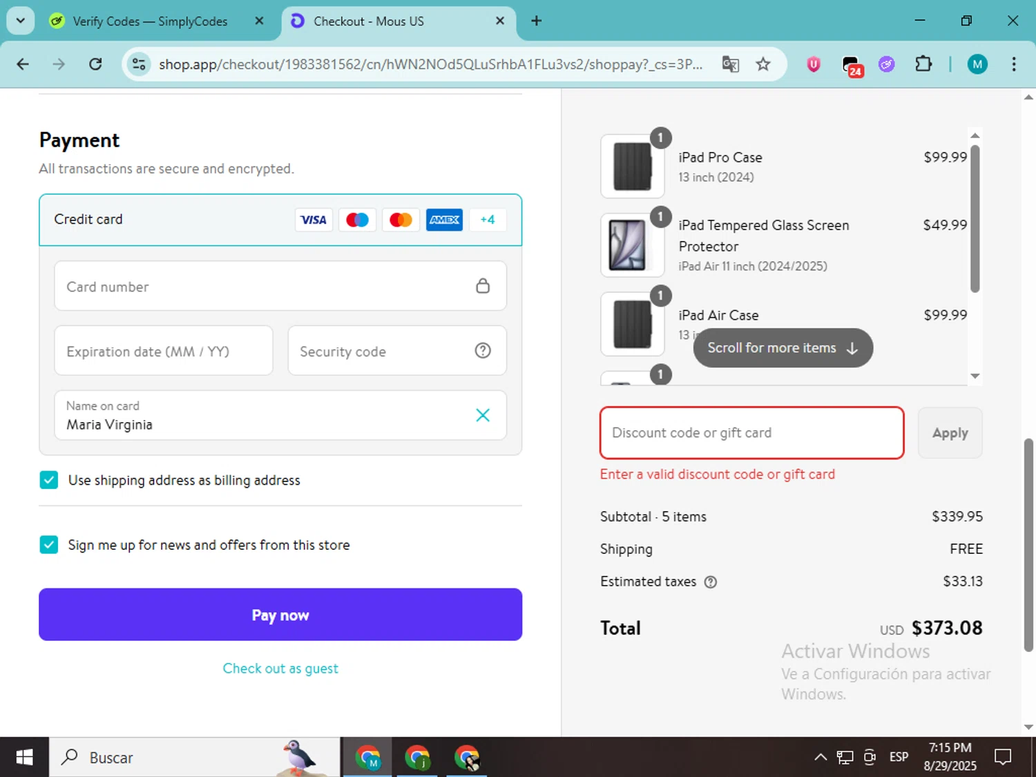 Mous promo code screenshot showing code XMOUS15 applied at Mous checkout page. Uploaded by SimplyCodes community member estrellaveloz on Aug 29, 2025
